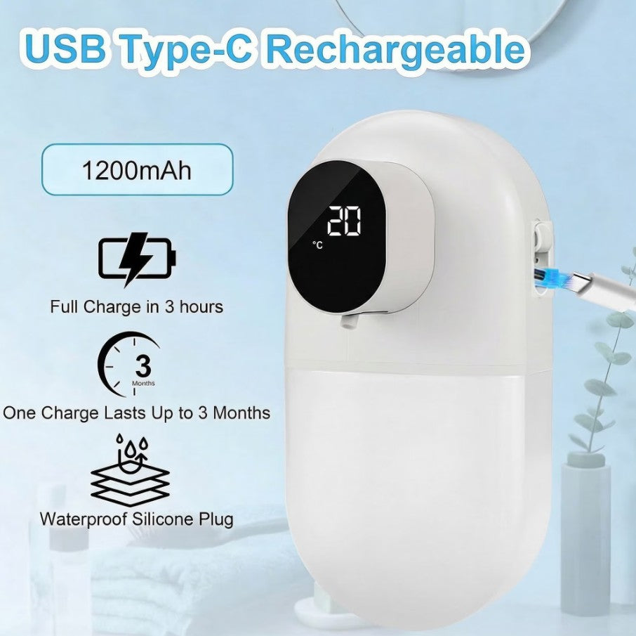 WANALIT Automatic Foaming Soap Dispenser, Touchless Smart Sensor with Display (Temp/Battery), 3 Adjustable Foam Levels, 13.52oz Rechargeable, Wall Mount for Kitchen Bathroom Dish Soap, White