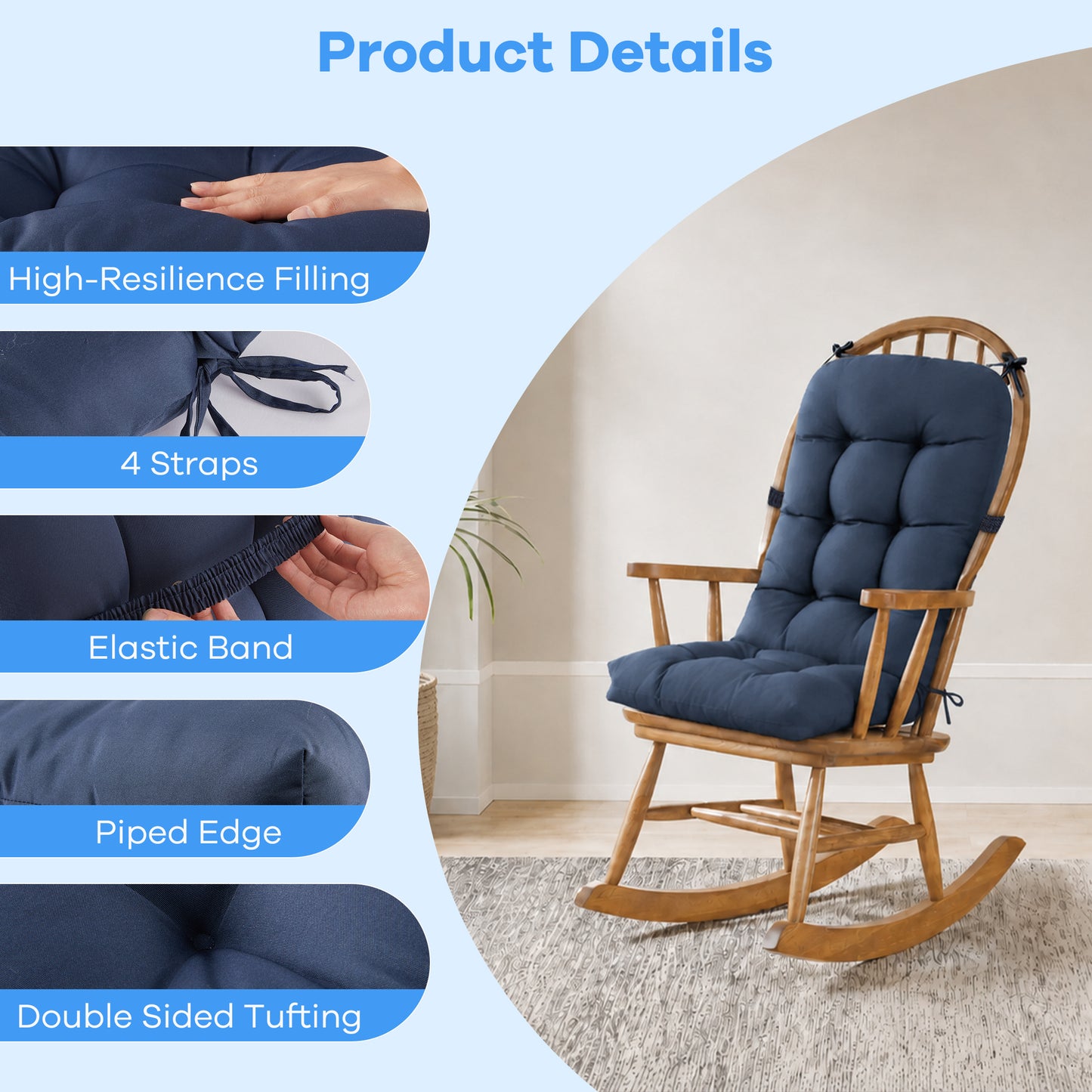 DONAMA Outdoor Rocking Chairs Cushions Waterproof Fade-Resistant Patio Chair Cushion, Indoor Seat Pads with Ties for Rocker Furniture Navy Blue