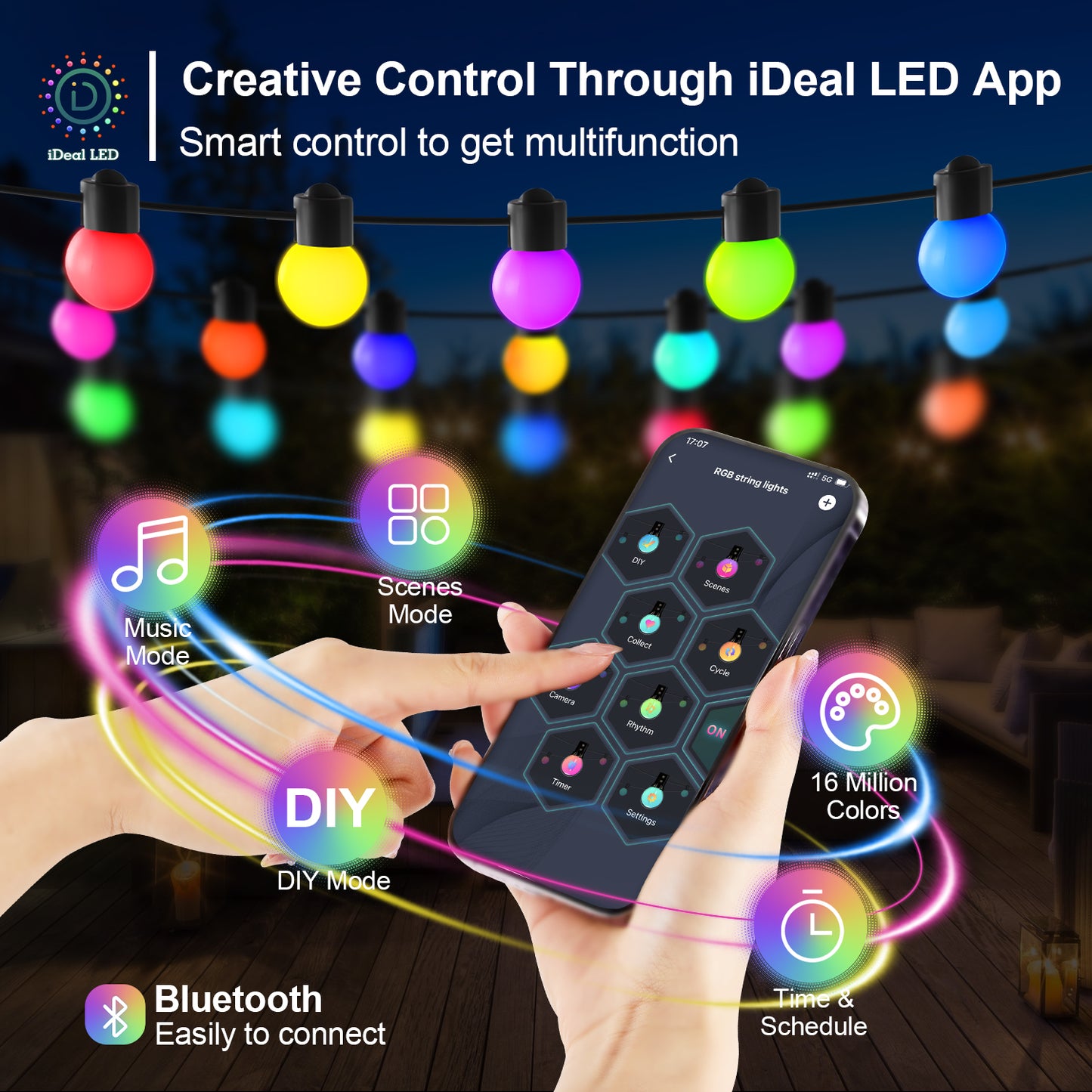 LOFTER-PRO Outdoor String Lights, LED Lights for Bedroom, 33Ft 50 Bulbs Smart RGB Outdoor String Lights Fairy Lights for Halloween Decorations, Christmas, Patio Lights, APP Control, IP65 Waterproof