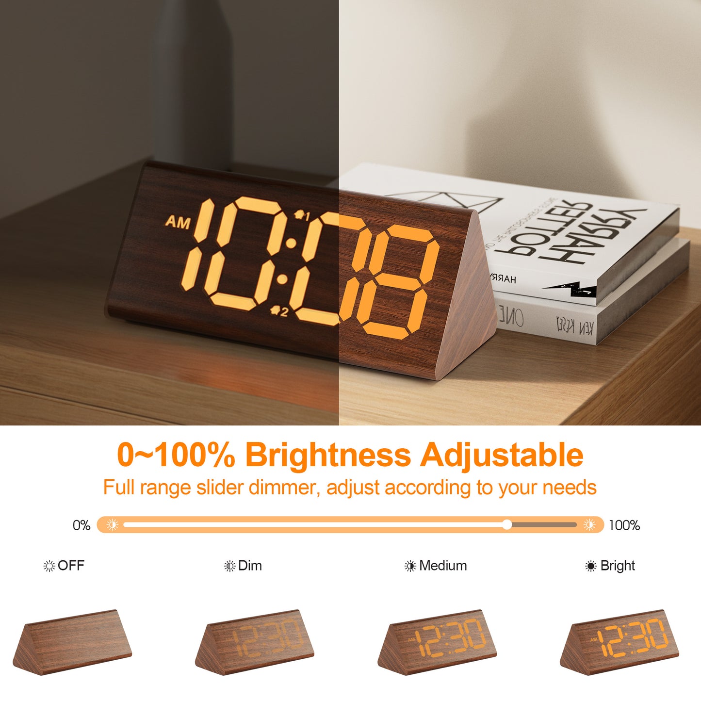 Onekawa Alarm Clock for Bedroom, Wooden Digital Alarm Clocks with Large Big Numbers,Super Loud Alarm Clocks for Heavy Sleepers with USB Charging Port