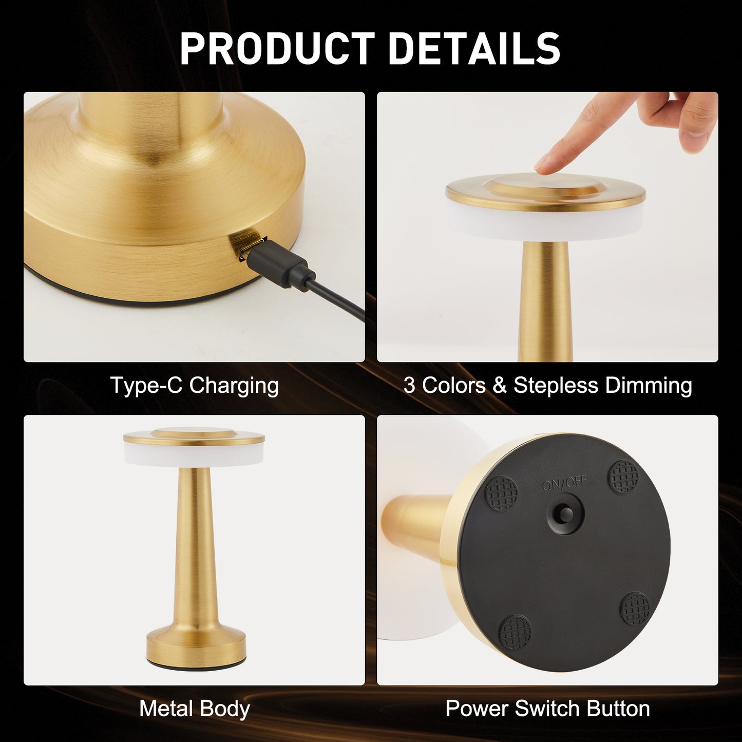 KAIPARA Portable Cordless Table Lamp with Touch Sensor, 3-Levels Brightness, Rechargeable Battery Up to 48 Hours Usage, Night Light for Kids Nursery, Nightstand Lamp, Bedside Lamp (Gold)