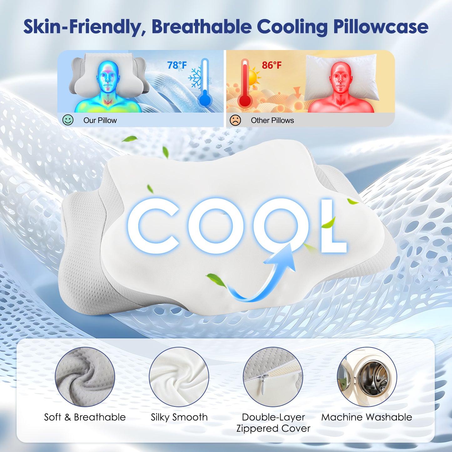 MOONORAH Cervical Neck Pillow, Memory Foam Bed Pillows with Ergonomic Contour Design for Neck Support and Pain Relief, Comfortable Sleeping Pillow for Side, Back and Stomach Sleepers,Gray & White