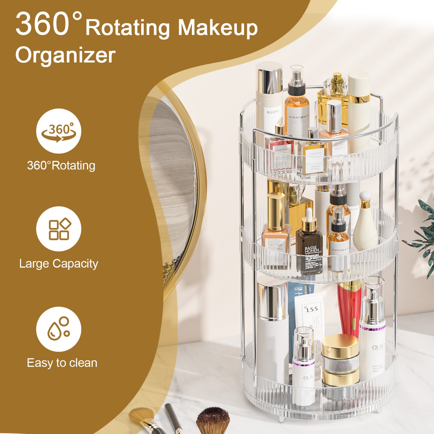 360° Rotating Makeup Organizer, Bathroom Makeup Holder, 3 Tiers Large Capacity Storage Shelf
