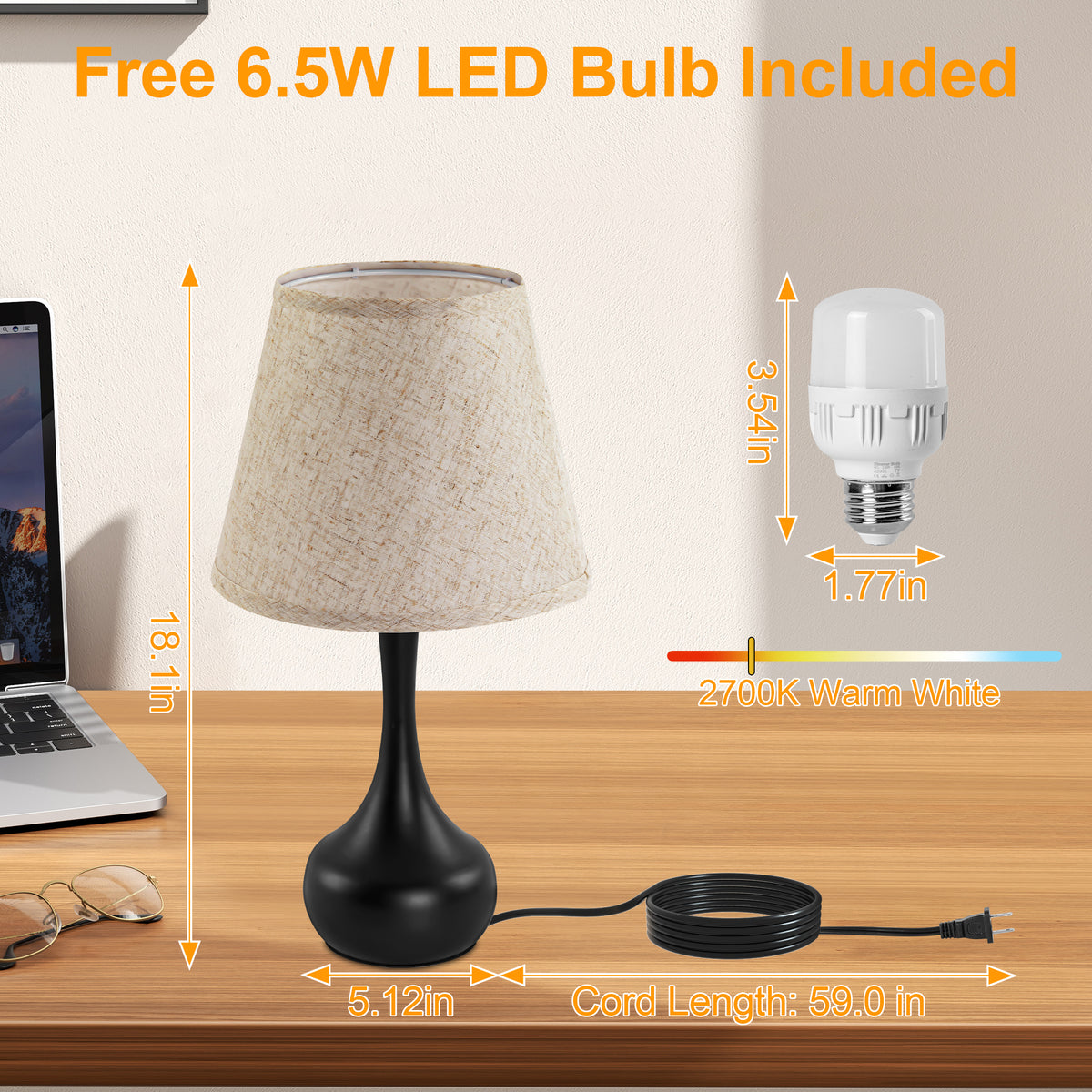 LOFTER-PRO Touch Table Lamp Bedside Style - 3-Way Dimmable Touch LED Bulb Included