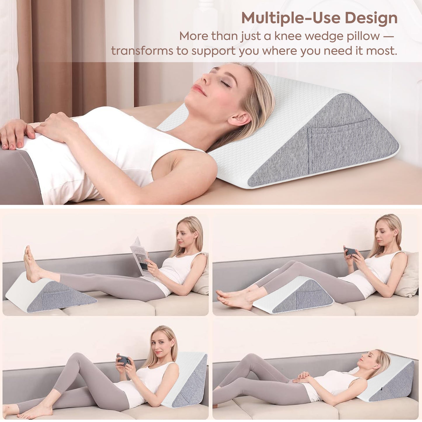 WANALIT Knee Wedge Pillow for Back Sleepers, Triangle Leg Elevation Cushion for Hip, Knee & Tailbone Pain Relief, Post-Surgery Support Pillow – White