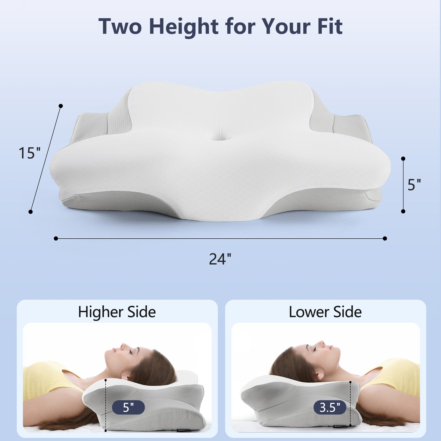 KAIPARA Memory Foam Bed Pillow for Sleeping, Cooling Dual Height Contour Pillow for Side, Back and Stomach Sleepers, Removable Washable Cover, Gray