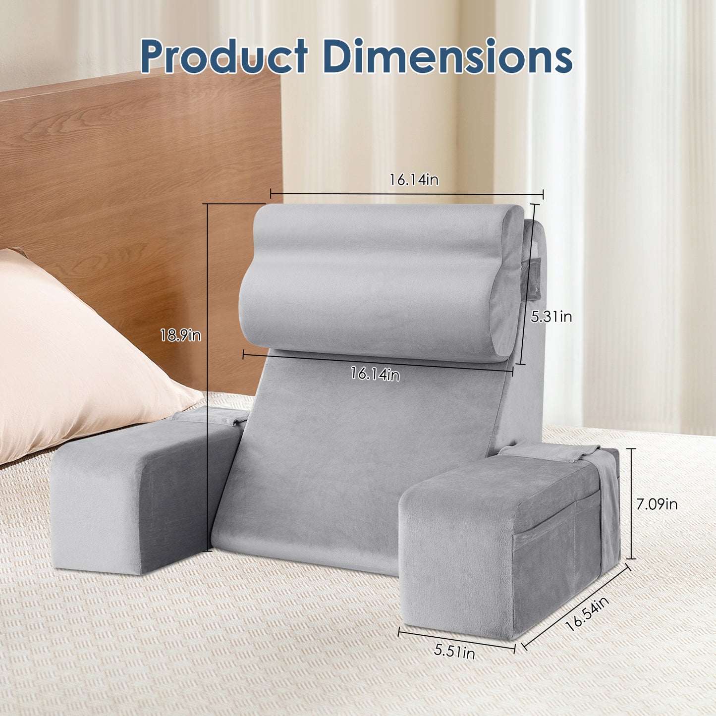 MOONORAH Reading Pillow for Sitting in Bed Adult,Backrest Pillow with Arms,Bed Chair Pillow with Big Pockets for Reading/Gaming/Resting/Watching TV,Medium 19" Grey