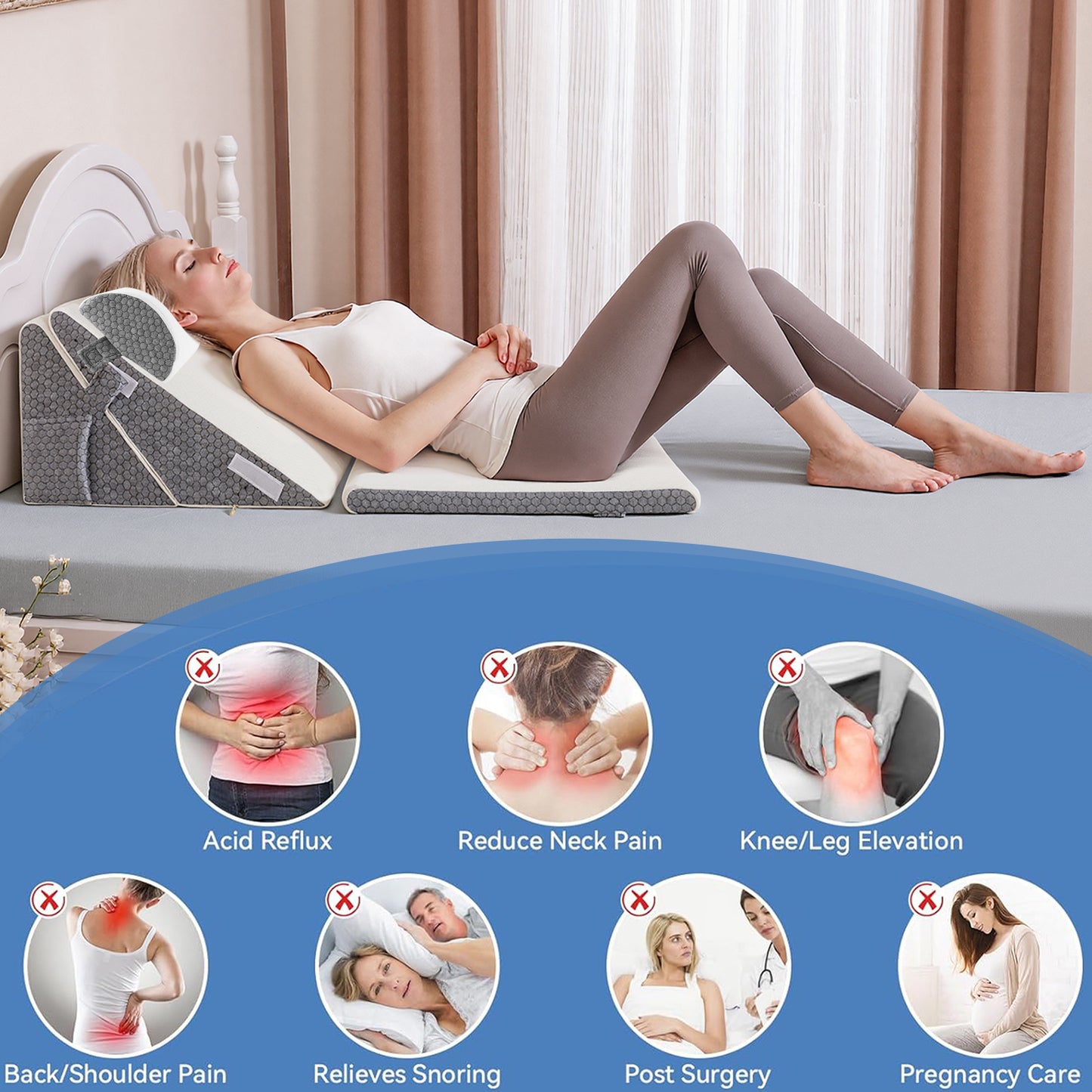 MOONORAH Bed Wedge Pillow with Head Pillow - Adjustable Highly Sponge Post-Surgery Pillow for Back, Leg & Knee Pain, Acid Reflux & Snoring Relief - Orthopedic Support for Sleeping, White