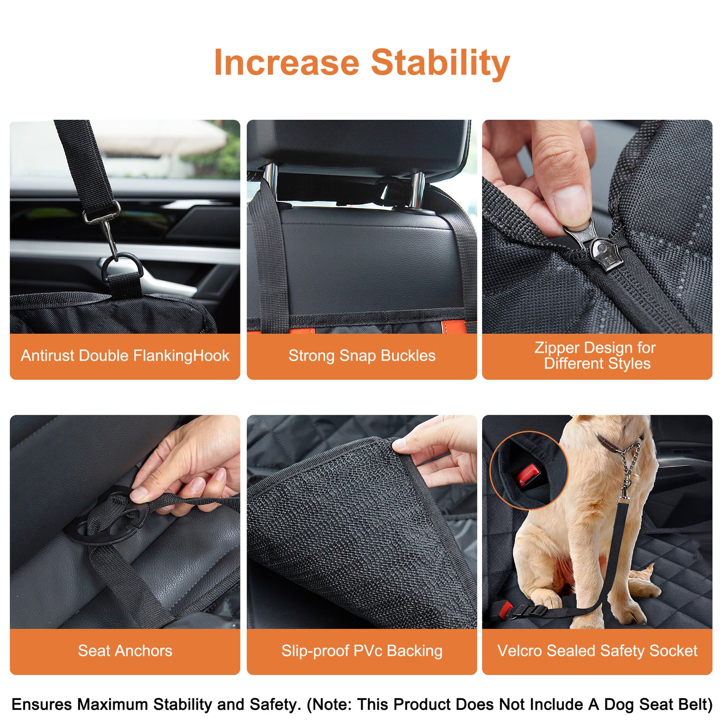 KAIPARA Dog Car Seat Cover for Back Seat,Waterproof Scratchproof Nonslip Hammock with 2 Seat Belts & Bags Side Flaps,600D Heavy Duty Durable Pet Seat Covers Protector for Cars Trucks and SUVs - Black