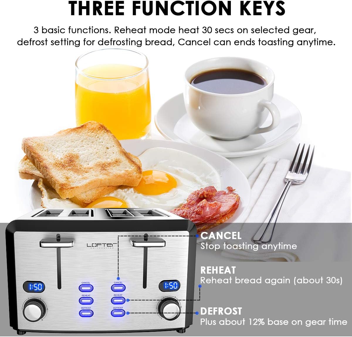 LOFTER Toaster, Prime Rated Bread Toasters with Compact LED Display, Removable Crumb Tray (4 Slice) 