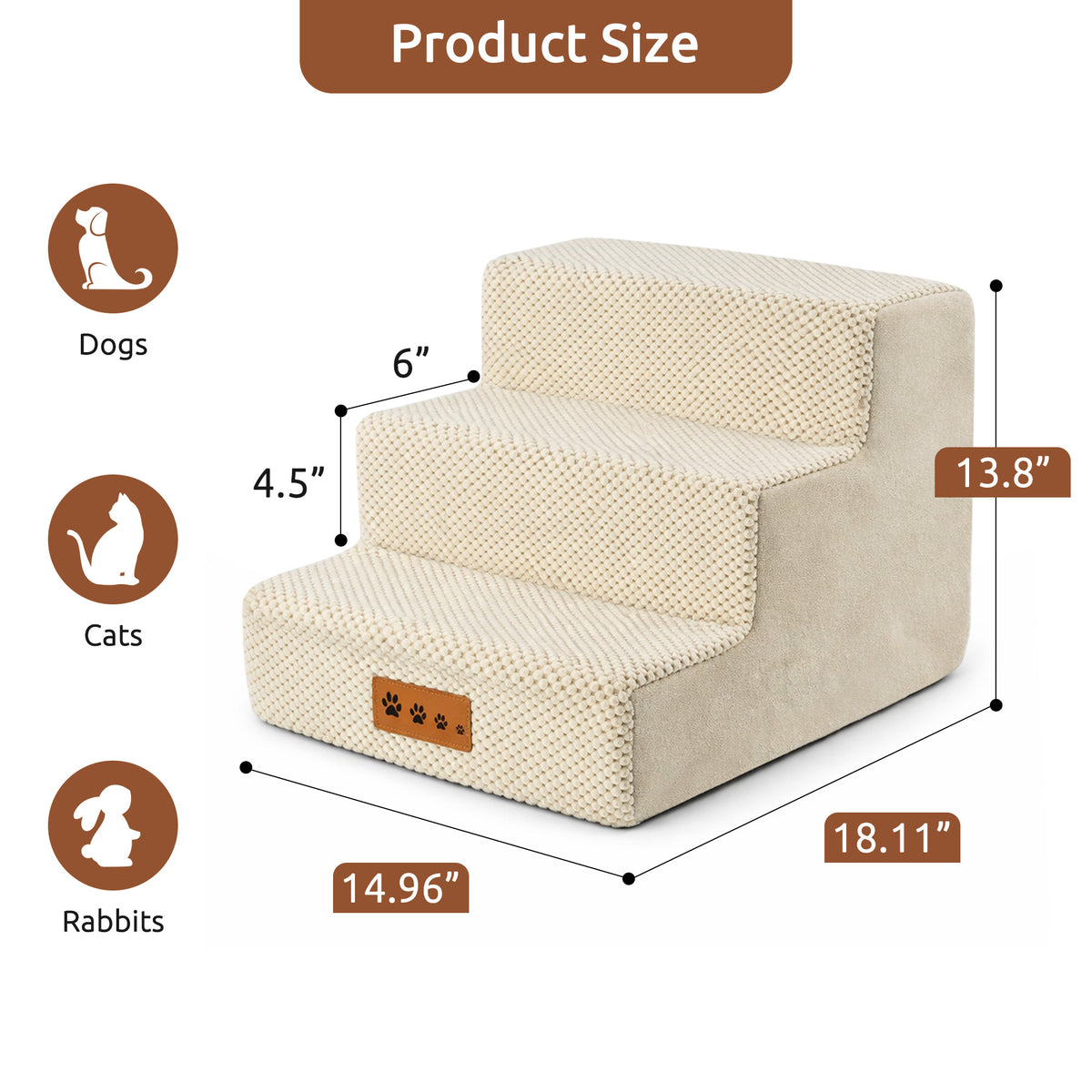 MOONORAH Dog Stairs for Small Dogs 13.8"H, 3-Step Dog Steps for High Bed,Pet Steps for Small Dogs and Cats,Dog Stairs Ramp for High Density Foam,Beige