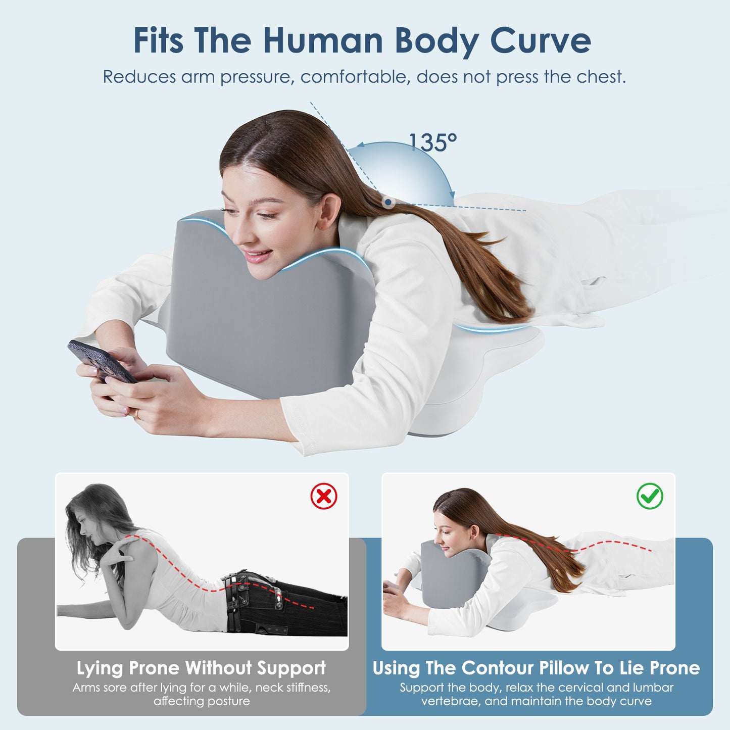 MOONORAH Memory Foam Pillow Stomach Sleeping Pillow, Protect Cervical Vertebra Pillow, Suitable For Playing Mobile Phone, Reading, Cushion In Bed, Washable Cover, Gray