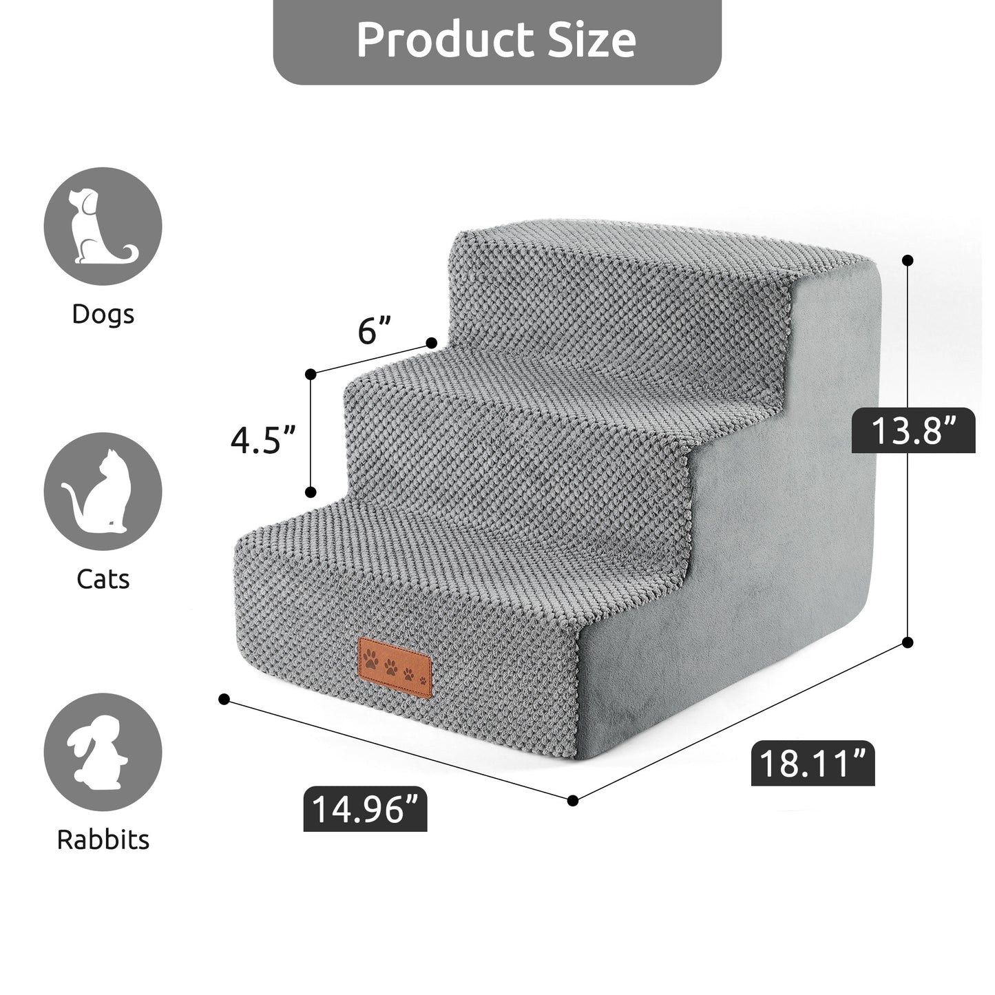 WANALIT Dog Stairs for Small Dogs, 13.8 Inch 3-Step Pet Steps for High Bed & Couch, Non-Slip Indoor Dog Stairs Ramp with High Density Foam & Washable Cover, Grey