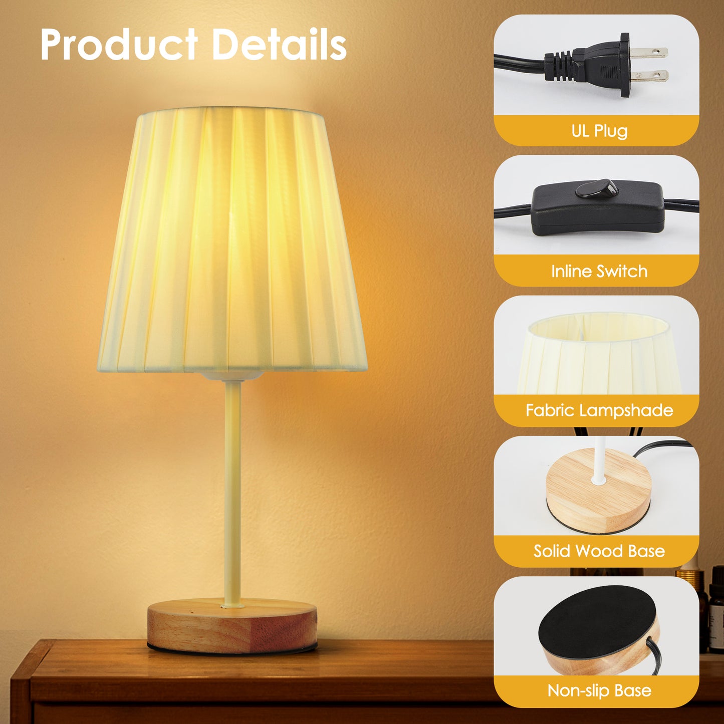 LAFAYTTE Fabric Wooden Table Lamp Bedside Nightstand Lamp Simple LED Desk Lamp for Home Bedroom Living Room Office Study