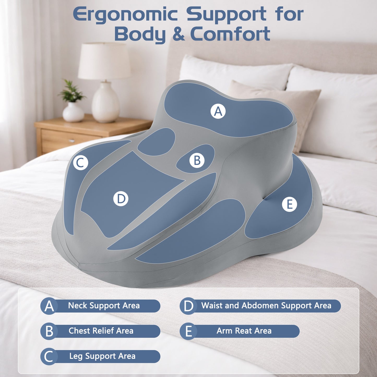 KAIPARA Large Memory Foam Wedge Pillow for Bed, Ergonomic Support Pillow Relieve Neck Waist Pain, Massage Pillow for Stomach Sleeping, Ideal for Reading Relaxation, Multi-use Couple Pillow