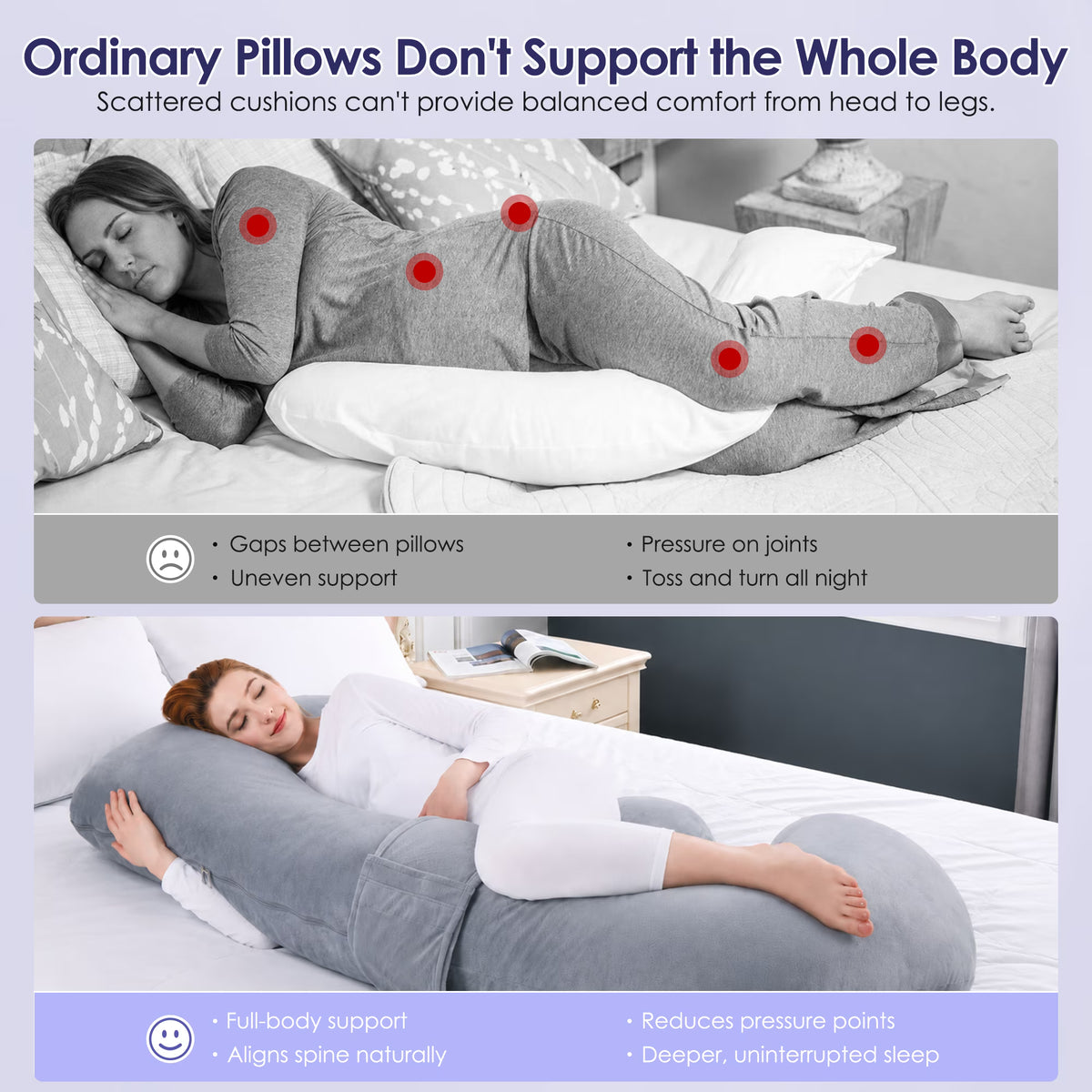 MOONORAH Pregnancy Pillow for Sleeping, E-Shaped Full Body Pillow for Side Sleepers, Wedge Body Support for Back Belly Hips Legs, Adjustable Detachable, 59'' Gray, Removable Cover