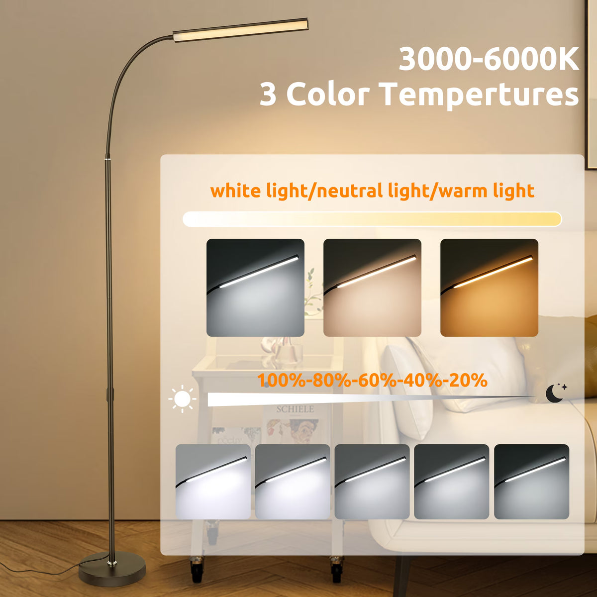 Onekawa Floor Lamps for Living Room,Touchable Floor Lamp,Gooseneck Lamps,3 Color&Flexible Brightness Adjustment