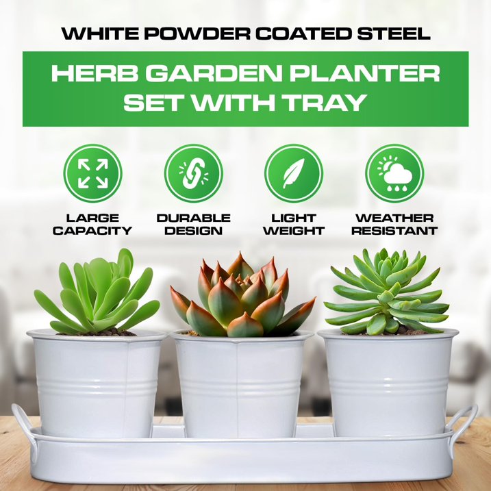MOONORAH Herb Garden Planter, Kit with Tray Metal, Windowsill Plant Pots with Drainage, Home Decoration Planters, Succulents Planters, Kitchen Herb Garden for Outdoor or Indoor Plants, Set/3 (White)