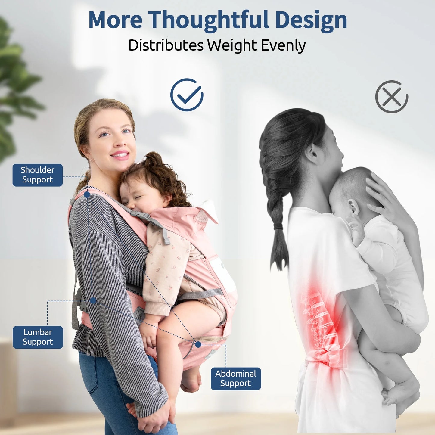 MOONORAH Baby Carrier with Hip Seat, Ergonomic M Position 6 in 1 Baby Wraps Carrier Adjustable Holder Newborn to Toddler with Head Support and Breathable Mesh Pink