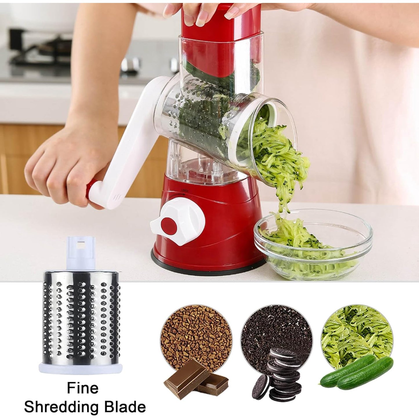MOONORAH Rotary Cheese Grater with Handle Crank, Vegetable Shredder with Strong Suction Base and 3 Interchangeable Blades, Round Mandoline Slicer for Kitchen, Easy to Use and Clean, Red