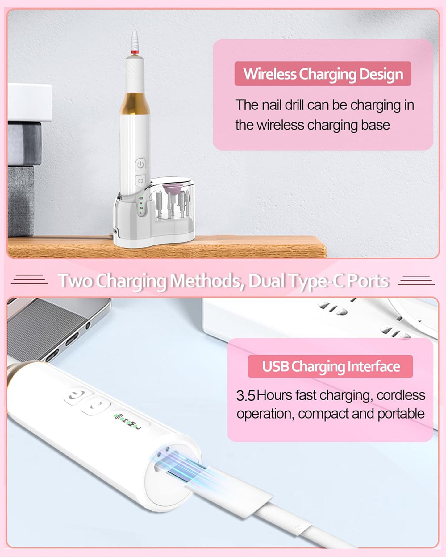 MOONORAH Electric Nail Drill Machine, Portable Cordless Nails File Set for Acrylic Gel Dip, Professional Manicure Pedicure with Bits and Base for Hand Foot Care, White