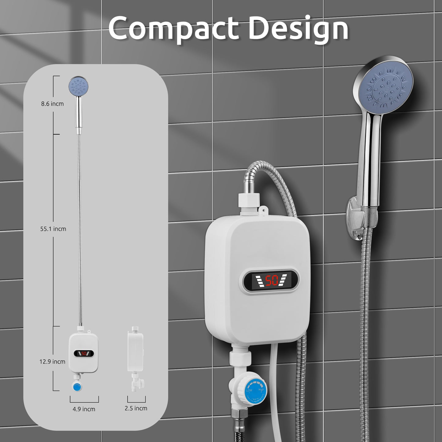 LOFTER-Pro Electric Tankless Water Heater Shower Head Set, 3500W Instant Hot Water Heater LCD Display for Home,White