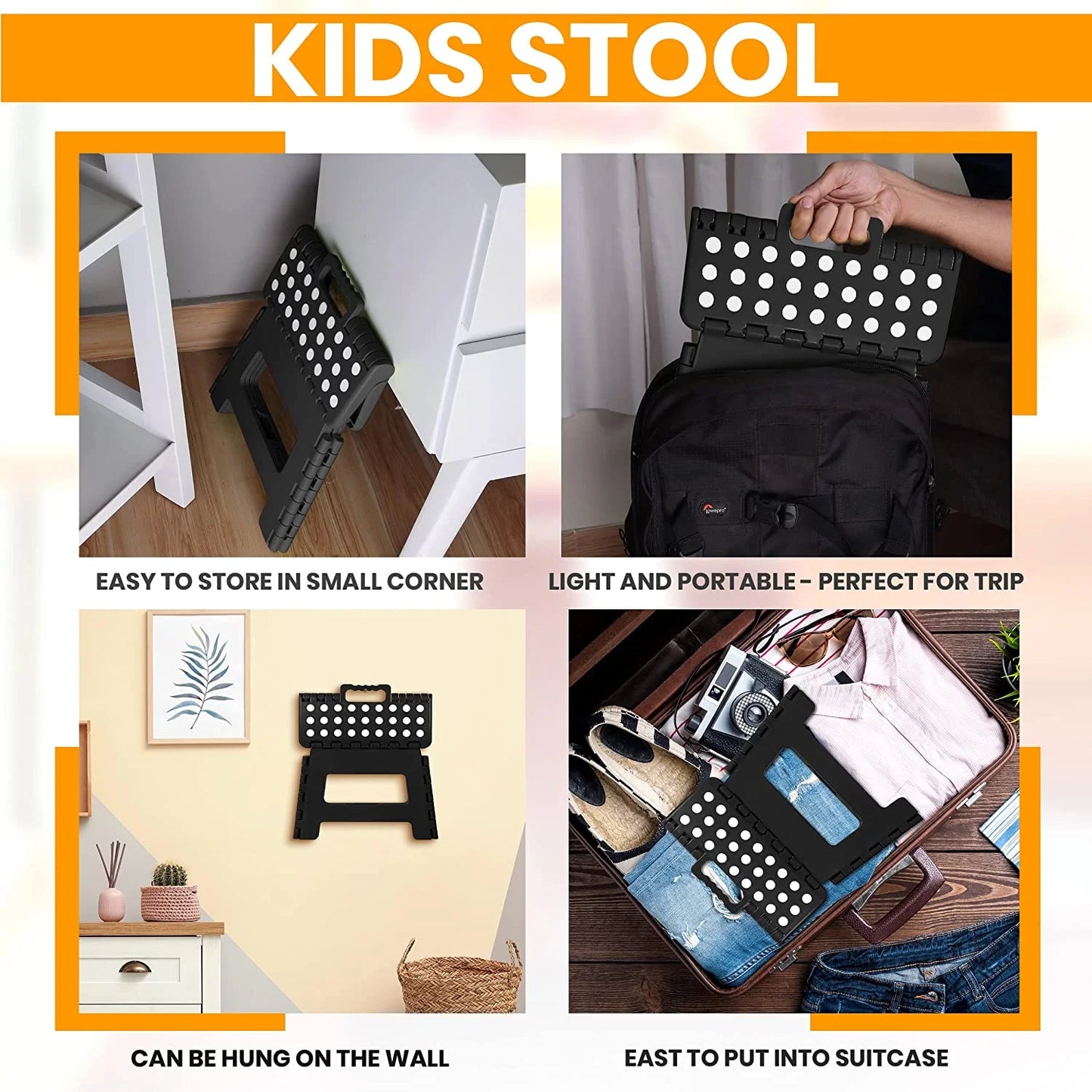 KAIPARA Folding Step Stool-9 Inch Plastic Foldable Step Stool with Portable Handle Compact,Holds Up to 330 lbs Non-Slip Polka dot Stools for Adults & Kids - Black