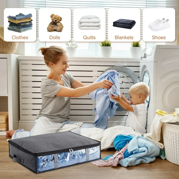 Kaibinsi Under Bed Storage Containers,4pcs Large Bins with Reinforced Handles Foldable Containers, for Blanket, Pillows,Comforters,42L