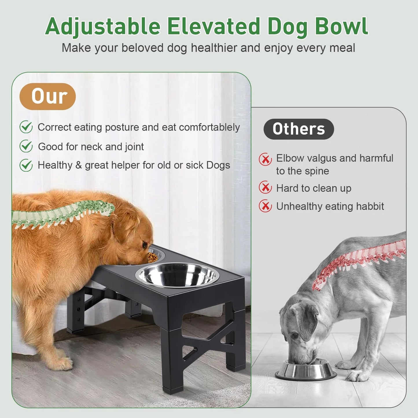 MOONORAH Elevated Dog Bowls, 2 in 1 Adjustable Raised Dog Bowl Stand with Stainless Steel Dogs Food Bowl & Slow Feeder Dog Bowls, 5 Heights for Small Medium Large Dogs Pets with Non-Slip Feet