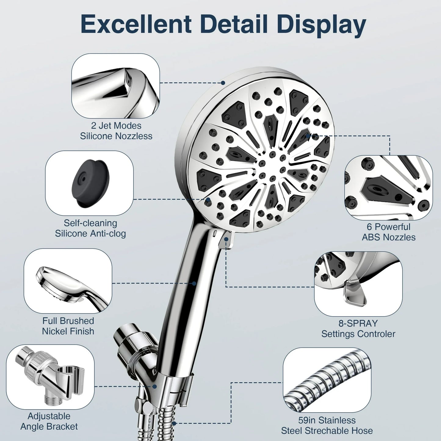 MOONORAH Shower Head, High Pressure Shower Head with 10 Spray Settings, Filtered Shower Head with 59" Stainless Steel Hose and Shower Stand, Drill-Free Design, Silver