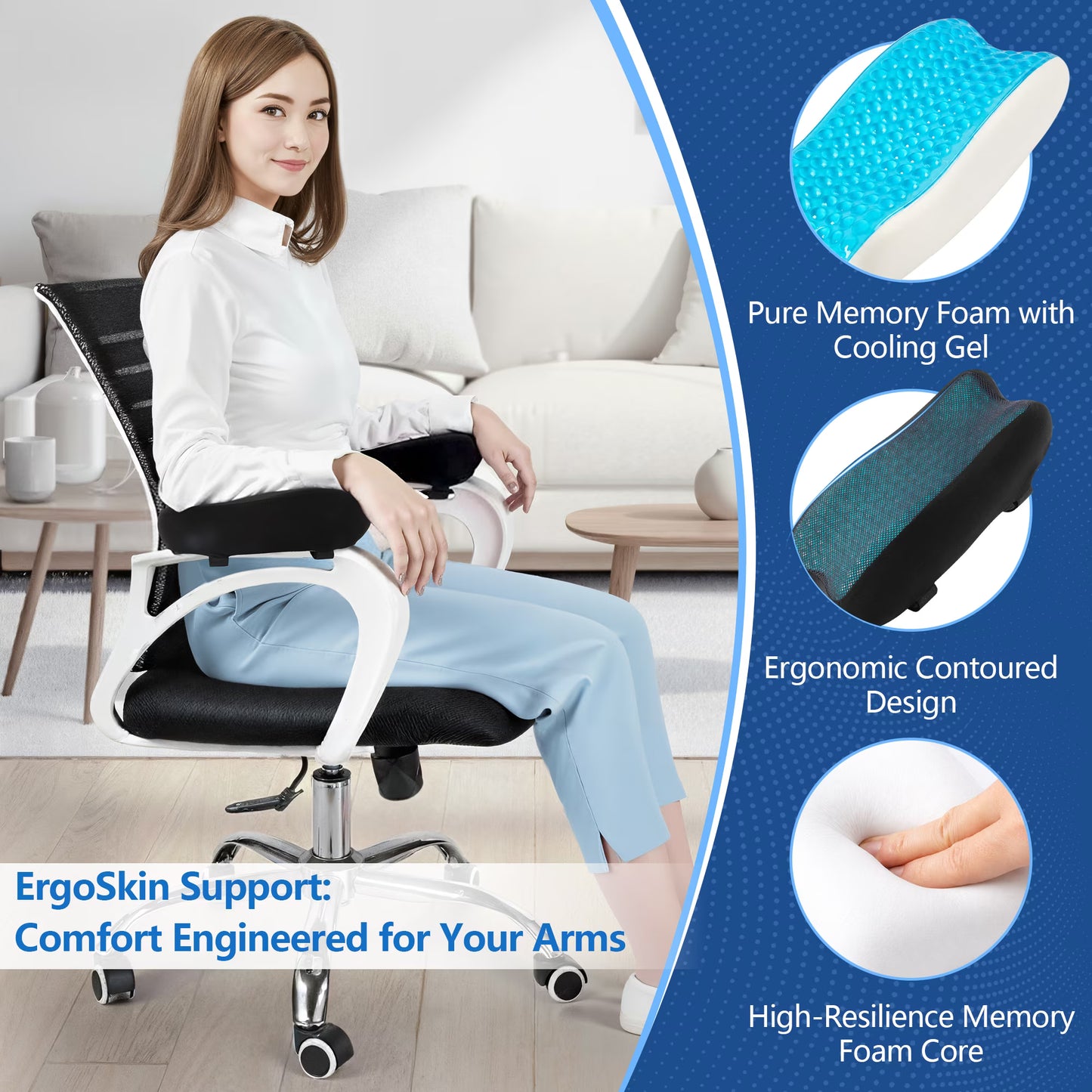 Kaipara Cooling Gel Memory Foam Armrest Pads - Ergonomic Elbow Support - 2 Pack, Black