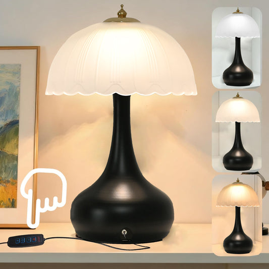 LOFTER-PRO Bedside Table Lamp, 3-Way Color Changing & Stepless Brightness, Vintage Industrial Table Lamps for Bedroom, Office Desk Lamp with White Petal Shade for Reading, Living Room, Nightstand