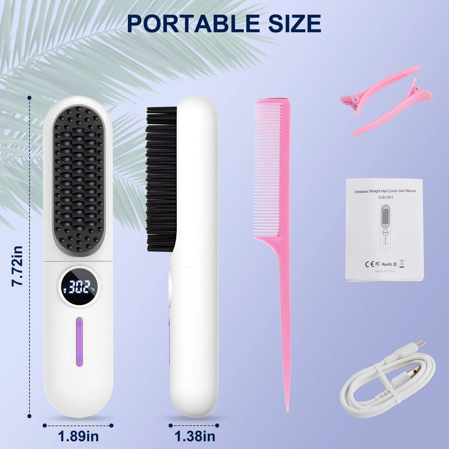 MOONORAH Cordless Hair Straightener Brush with Anion for Women, Electric Portable Ceramic Hot Straightening Comb for Travel with LCD Display & Hair Clips, Fast USB Rechargeable, Anti-Scald, White
