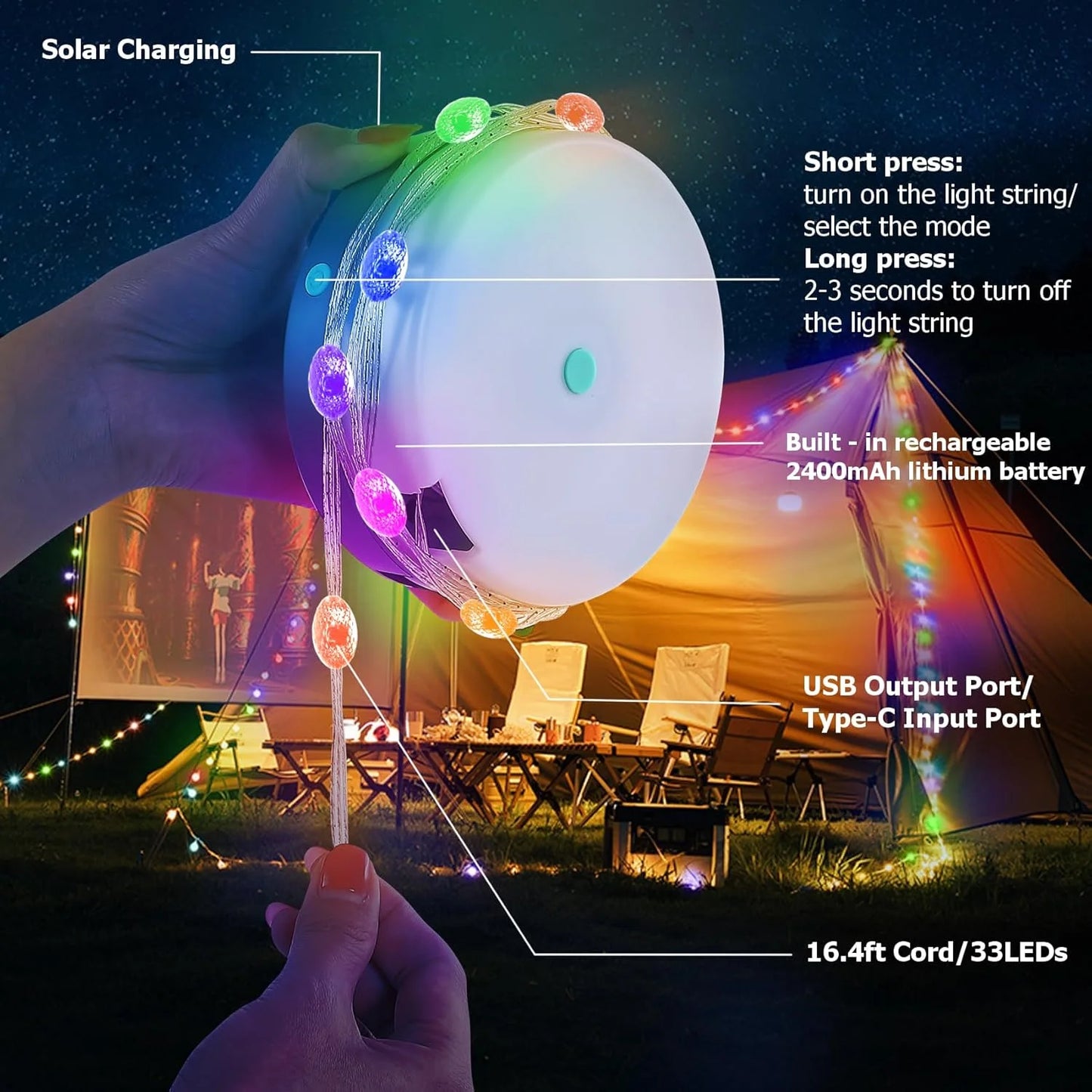 LOFTER-PRO Camping String Lights, 30s Quick Storage Rechargeable Tent Lights 9 Lighting Modes, Hanging Waterproof LED Fairy Lamps for Room Garden Yard Porch Wedding Party Decor, Solar USB Charge