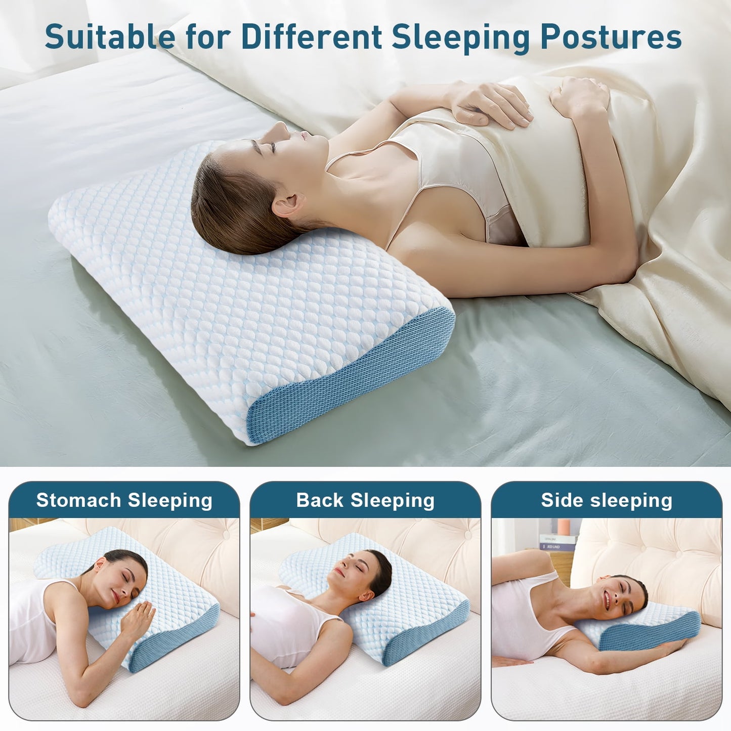 MOONORAH Cervical Memory Foam Pillow for Adults Neck Pain Relief, Ergonomic Pillow for Side Back and Stomach Sleepers with Cooling Breathable Pillowcase Blue