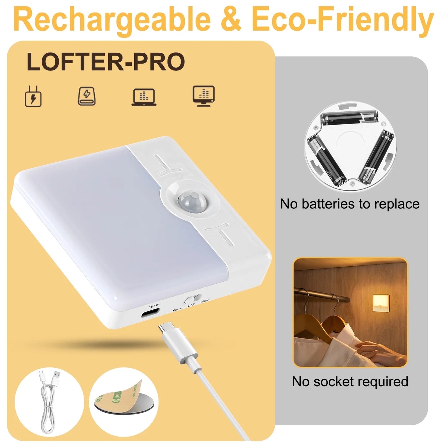 LOFTER-PRO Night Light, LED Motion Sensor Closet Lights, Wireless LED Under Cabinet Lights Stick-on Safe Night Light, Adjustable Brightness Warm White Lights for Bedroom, Kitchen, 2 Pack
