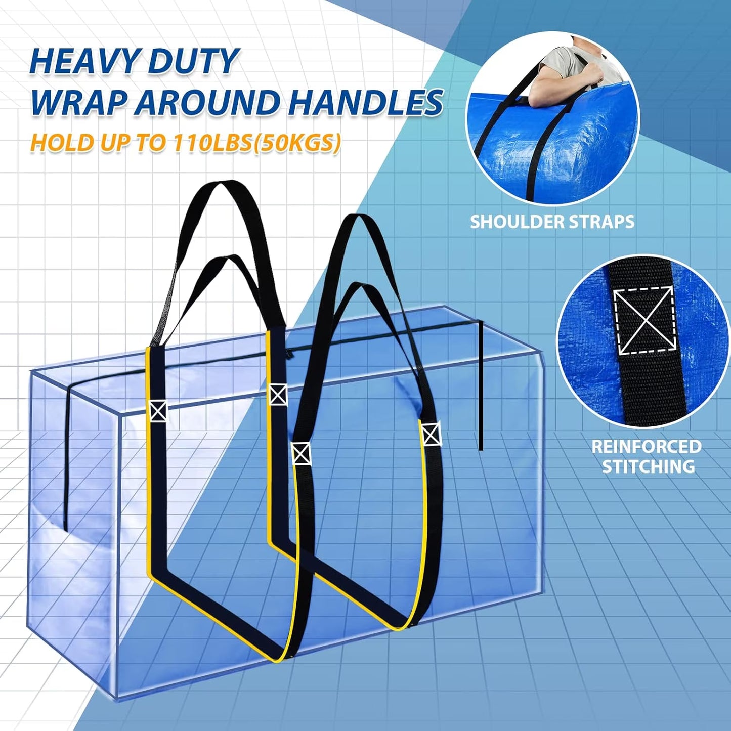 Onekawa 4 Pack Extra Large Moving Bags with Zippers & Carrying Handles,Storage Totes For Space Saving,Alternative to Moving Boxes,Blue