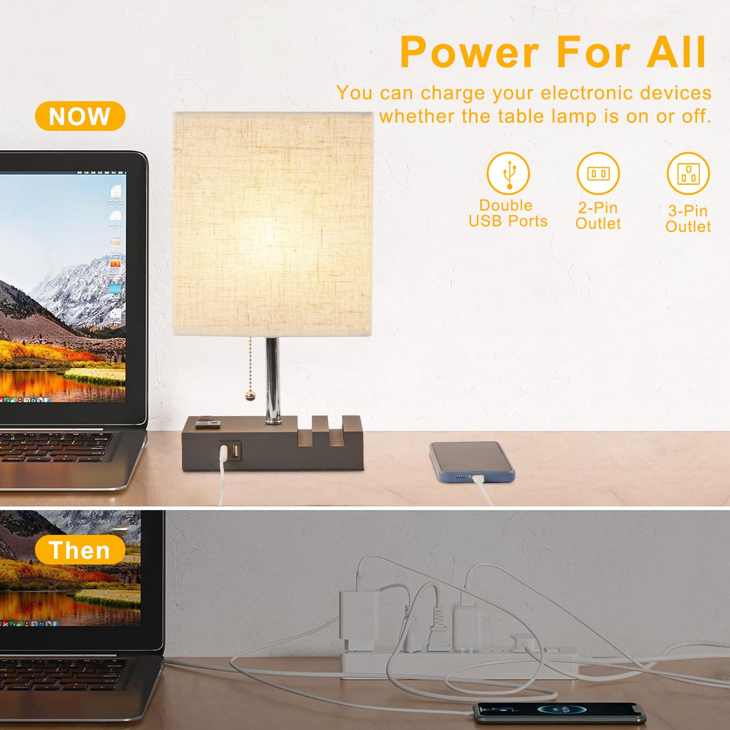 LOFTER-PRO Desk Lamp, Cordless Table Lamp for Bedroom, 3 Way Dimmable Table Lamps with Dual USB Charging Ports and AC Outlet, Bedside Lamps with 2 Phone Stands for Night Stands, Living Room, Office