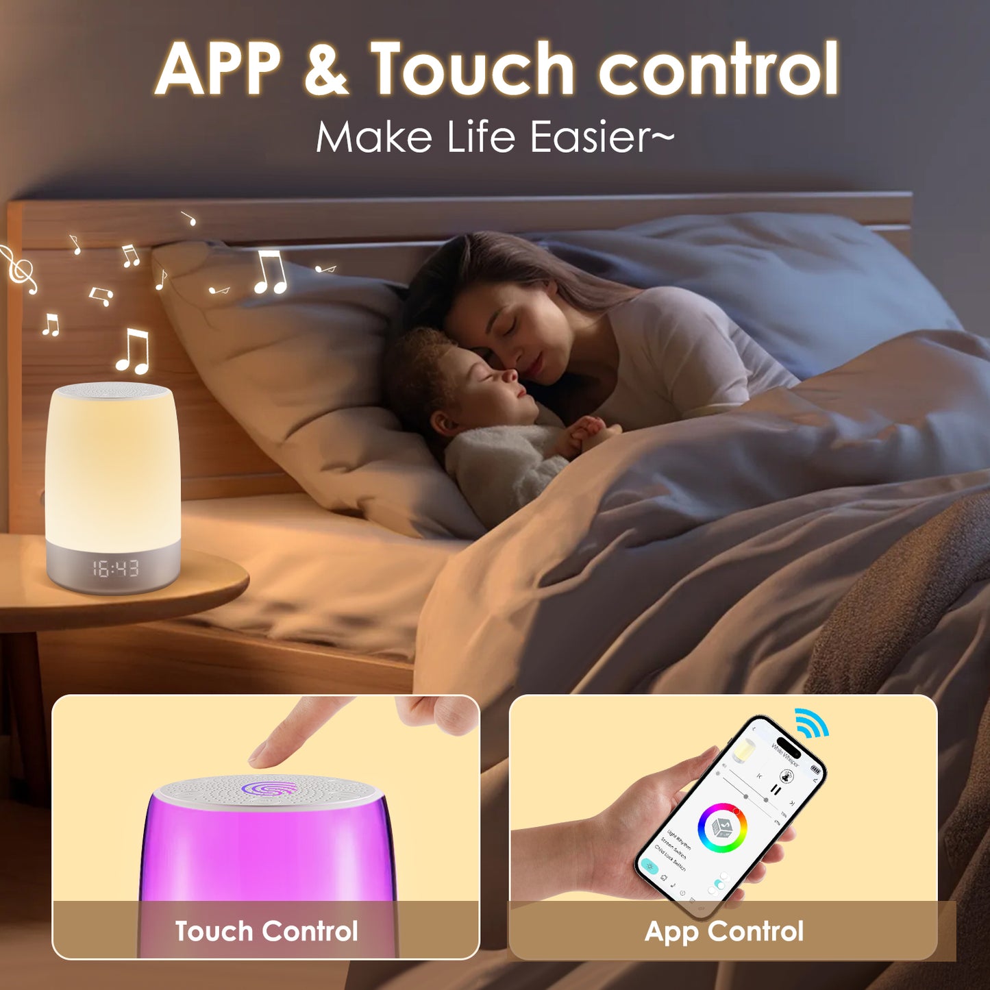 LOFTER-PRO Night Light, Dimmable Touch Lamp for Bedroom, Portable Table Bedside Lamp with Alarm Clock, 8 RGB Colors Changeable & Stepless Dimming, 4 Timers, White