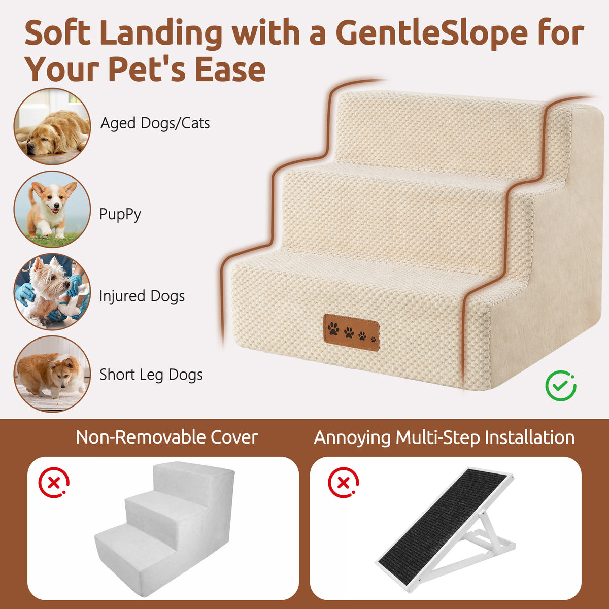 MOONORAH Dog Stairs for Small Dogs 13.8"H, 3-Step Dog Steps for High Bed,Pet Steps for Small Dogs and Cats,Dog Stairs Ramp for High Density Foam,Beige
