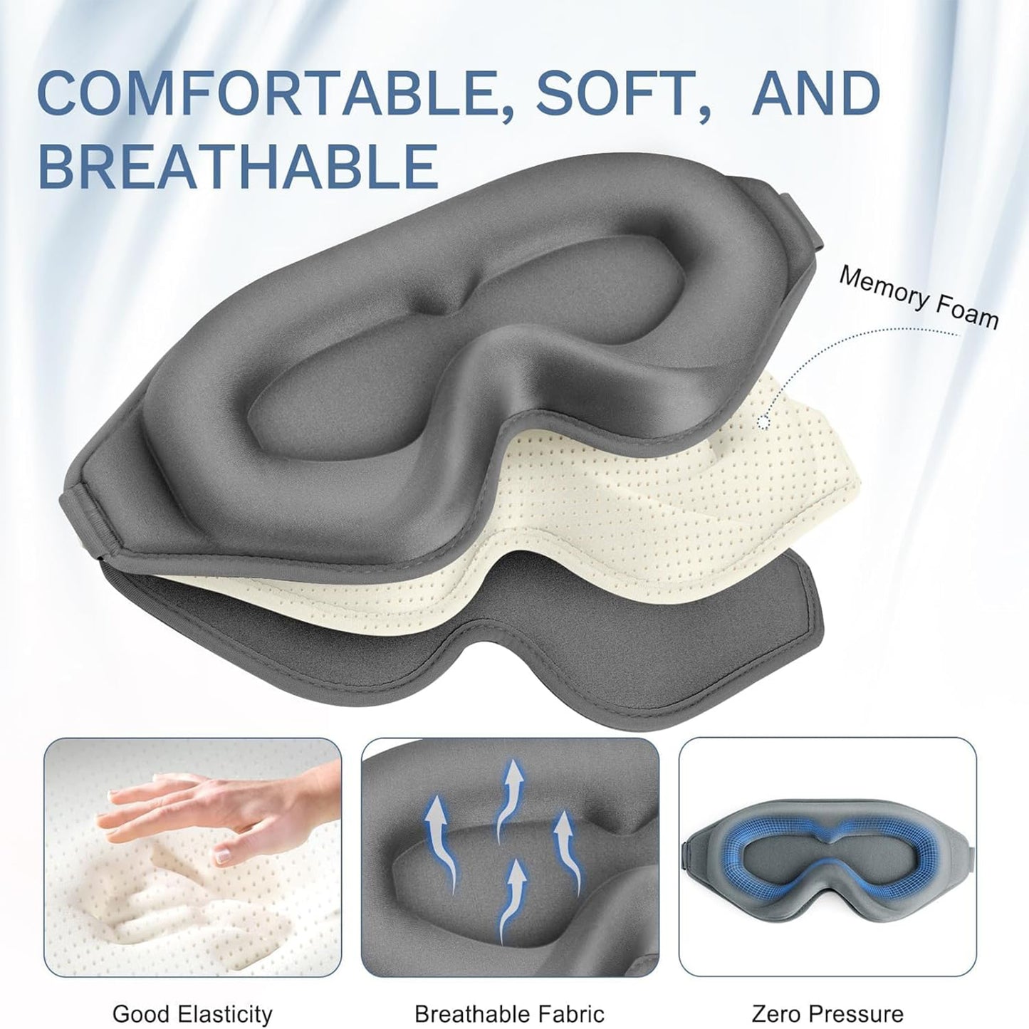 MOONORAH Sleep Eye Mask, 3D Contoured Eye Covers, 100% Light Blocking with Adjustable Strap, Sleeping Mask for Side Sleeper Men Women Memory Foam, Grey