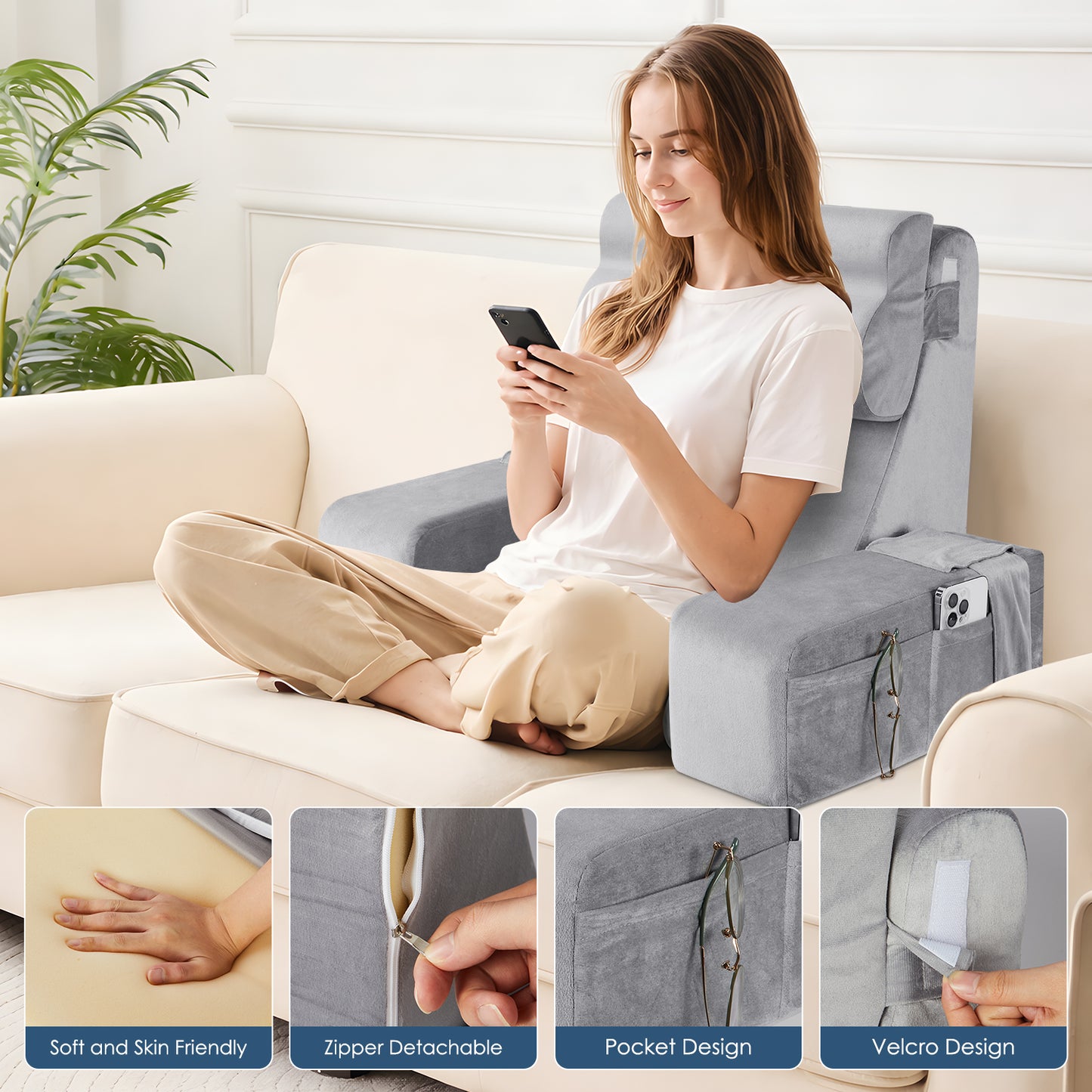 MOONORAH Reading Pillow for Sitting in Bed Adult,Backrest Pillow with Arms,Bed Chair Pillow with Big Pockets for Reading/Gaming/Resting/Watching TV,Medium 19" Grey