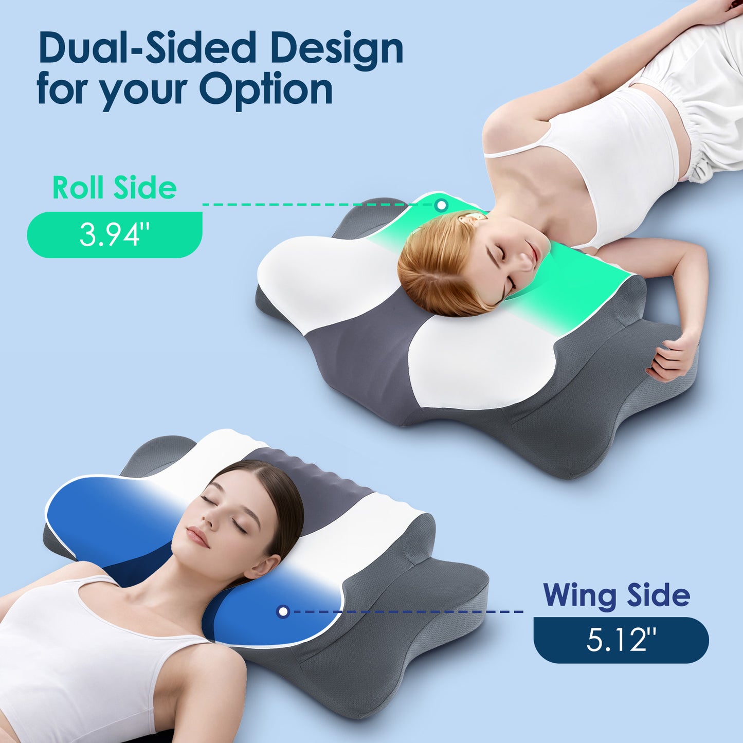 DONAMA Cervical Neck Pillow for Pain Relief Sleeping, Memory Foam Pillow Neck Pillow Bed Pillow with Pillowcase for Side Back and Stomach Sleepers, Gray and White