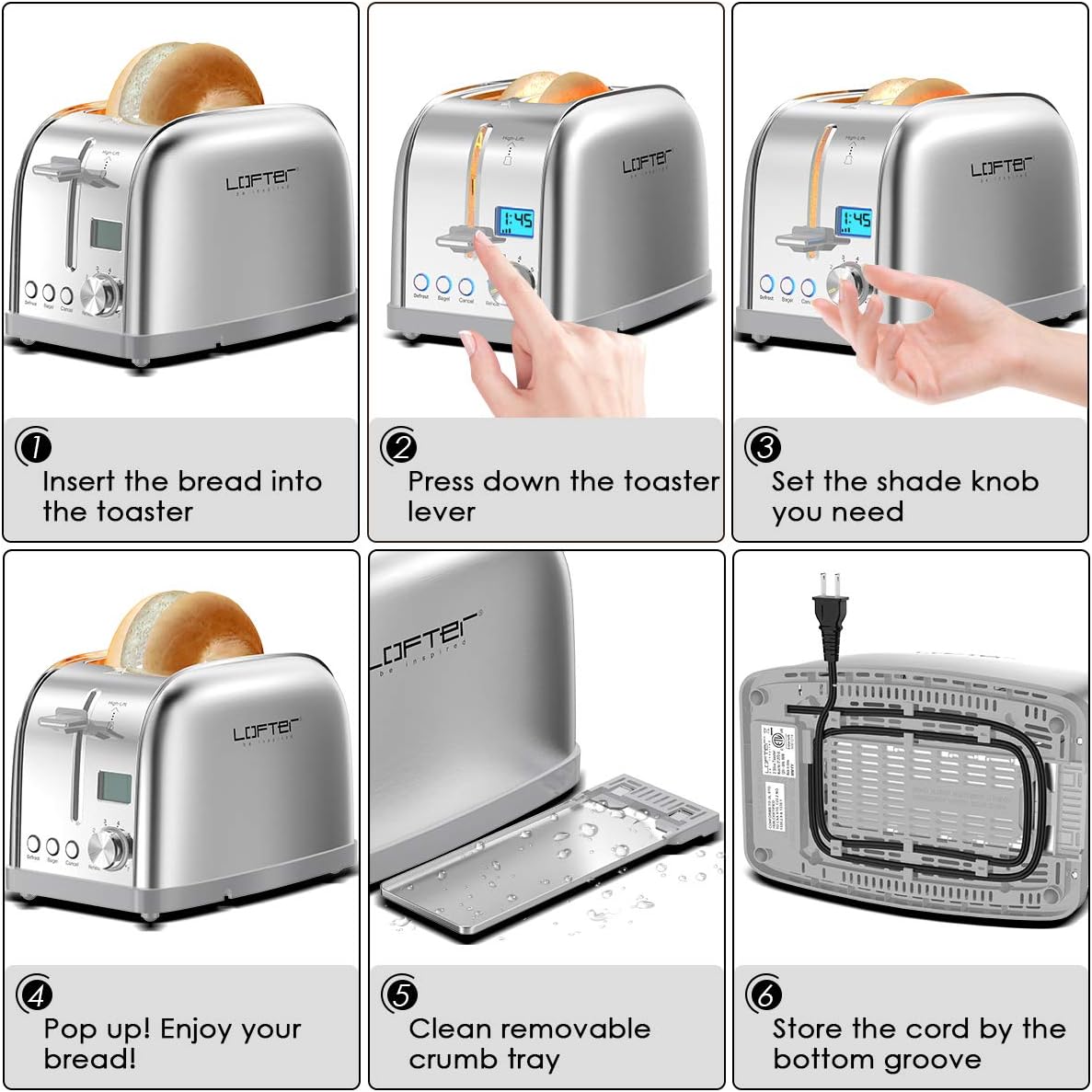 Lofter 2 Slicer Toaster with Bagel Function, Stainless Steel