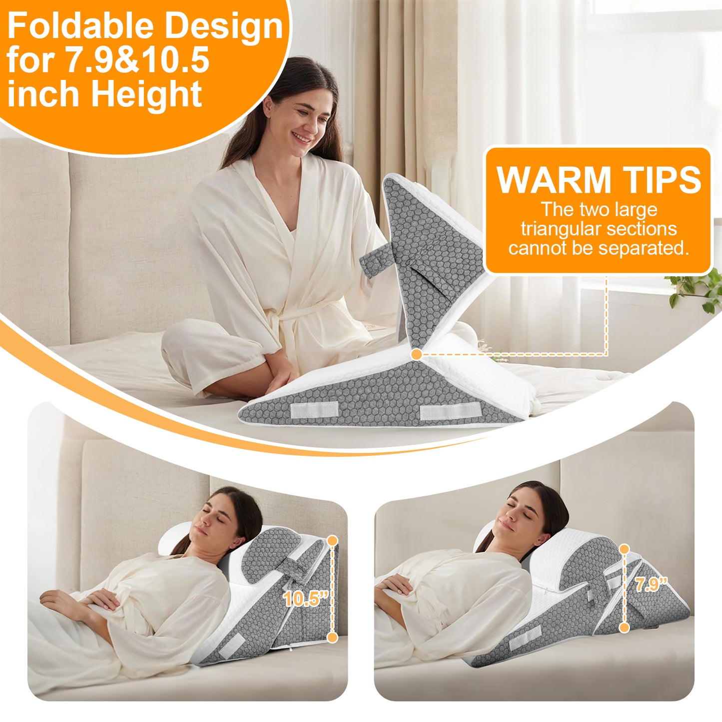 Kaibinsi Wedge Pillow for Sleep Apnea, Adjustable Wedge Pillow Headboard, Bed Wedge Pillow for Acid Reflux and Back Pain Relief, Pillow Wedge for Sleeping with Neck Support Pillow, White & Grey