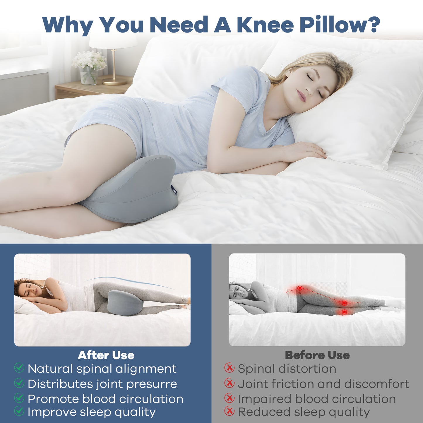 KAIPARA Knee Pillow for Side Sleepers, Contour Heart-Shape Memory Foam Cushion for Hip & Back Pain Relief, Ice Silk & Washable Cover, Gray