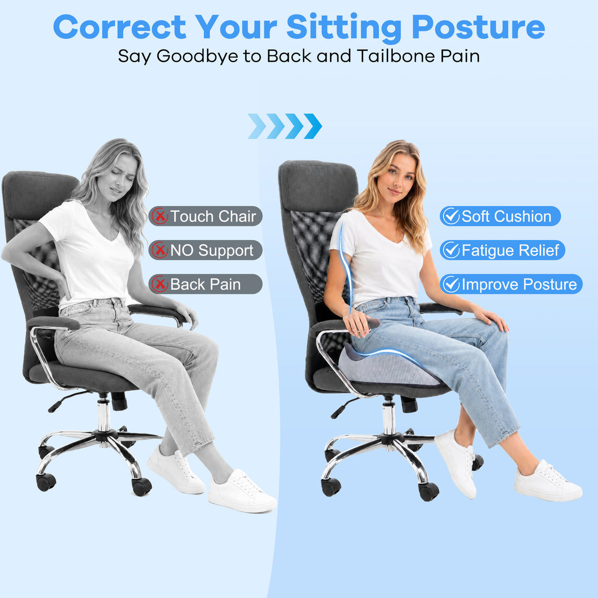WANALIT Seat Cushion - Ergonomic Memory Foam for Sciatica and Tailbone Relief - Gray