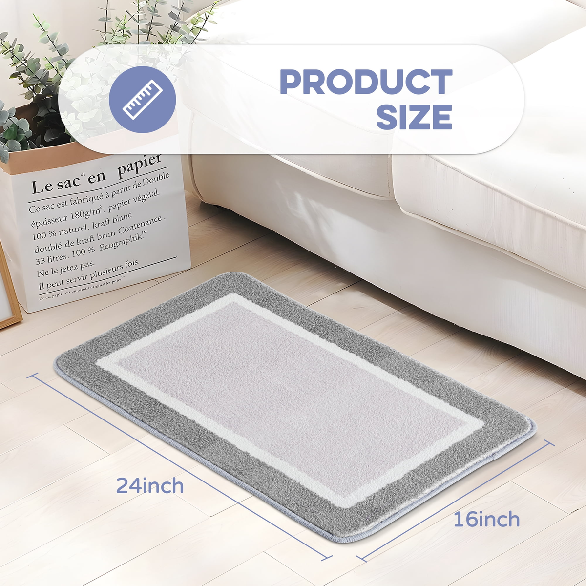 Onekawa Bath Mat - Soft Absorbent Microfiber Non Slip - 16 x 24 in Gray