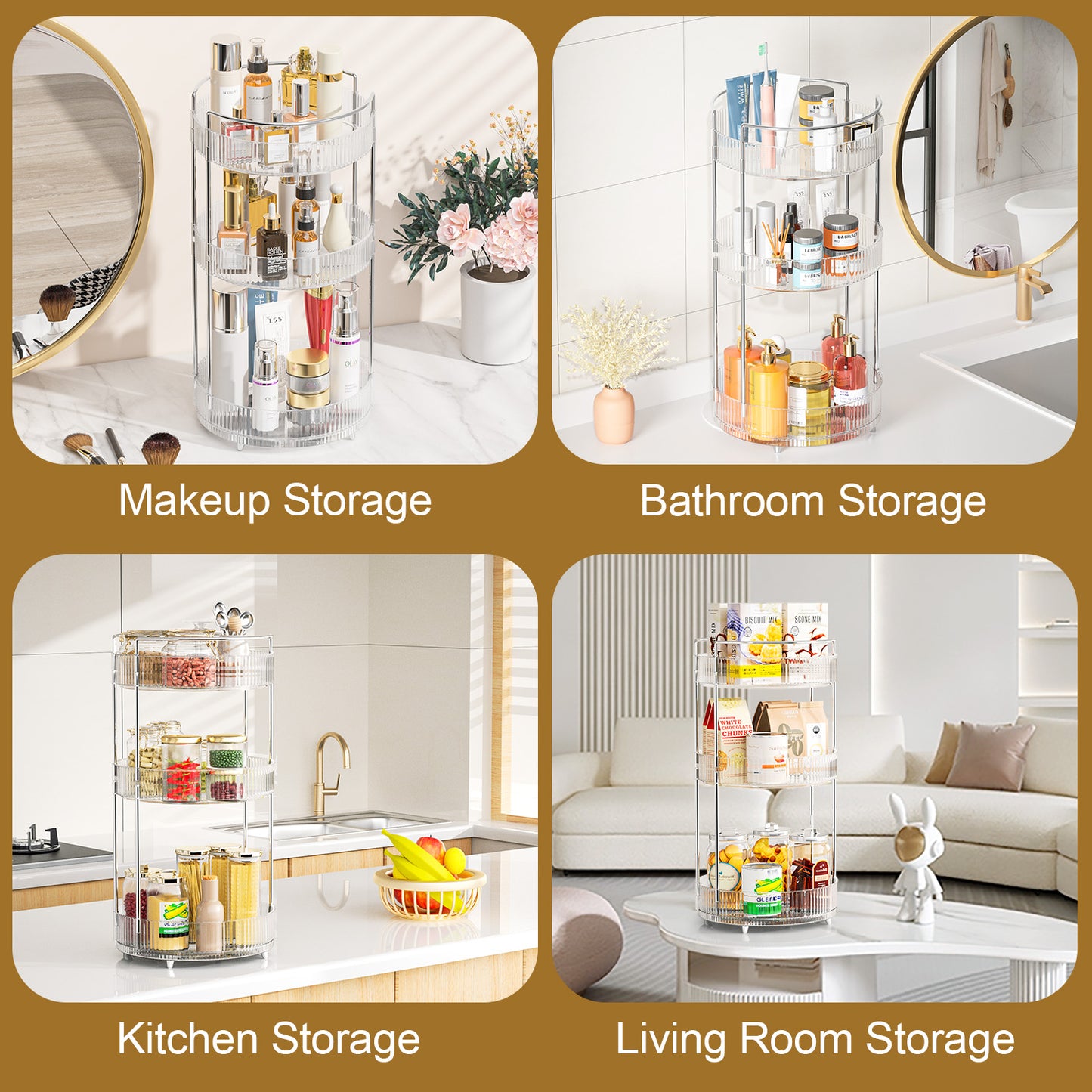 360° Rotating Makeup Organizer, Bathroom Makeup Holder, 3 Tiers Large Capacity Storage Shelf