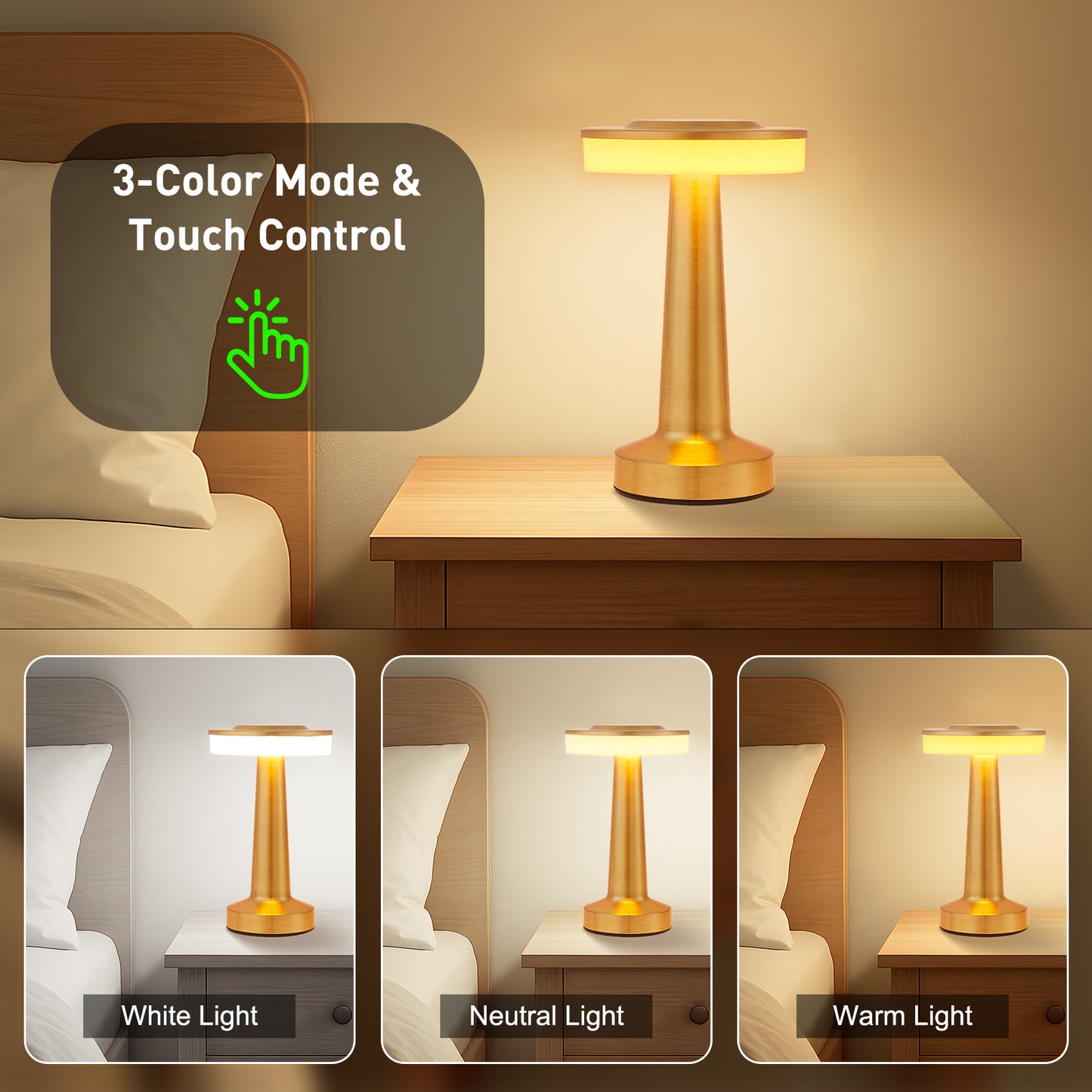 KAIPARA Portable Cordless Table Lamp with Touch Sensor, 3-Levels Brightness, Rechargeable Battery Up to 48 Hours Usage, Night Light for Kids Nursery, Nightstand Lamp, Bedside Lamp (Gold)